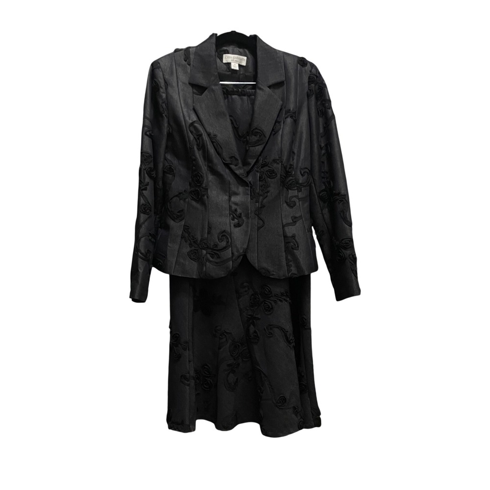 Lena Gabrielle Black 3D Floral Ribbon Applique Skirt Suit Set Blazer 4 Skirt 8